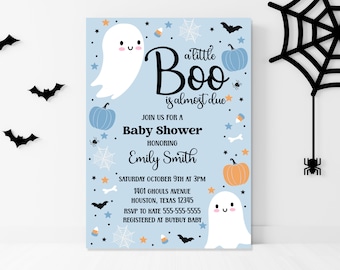 Editable little boo invitation - Halloween Baby Shower - Printable - Invitation template - Blue - Digital download - It&#39;s a Boy