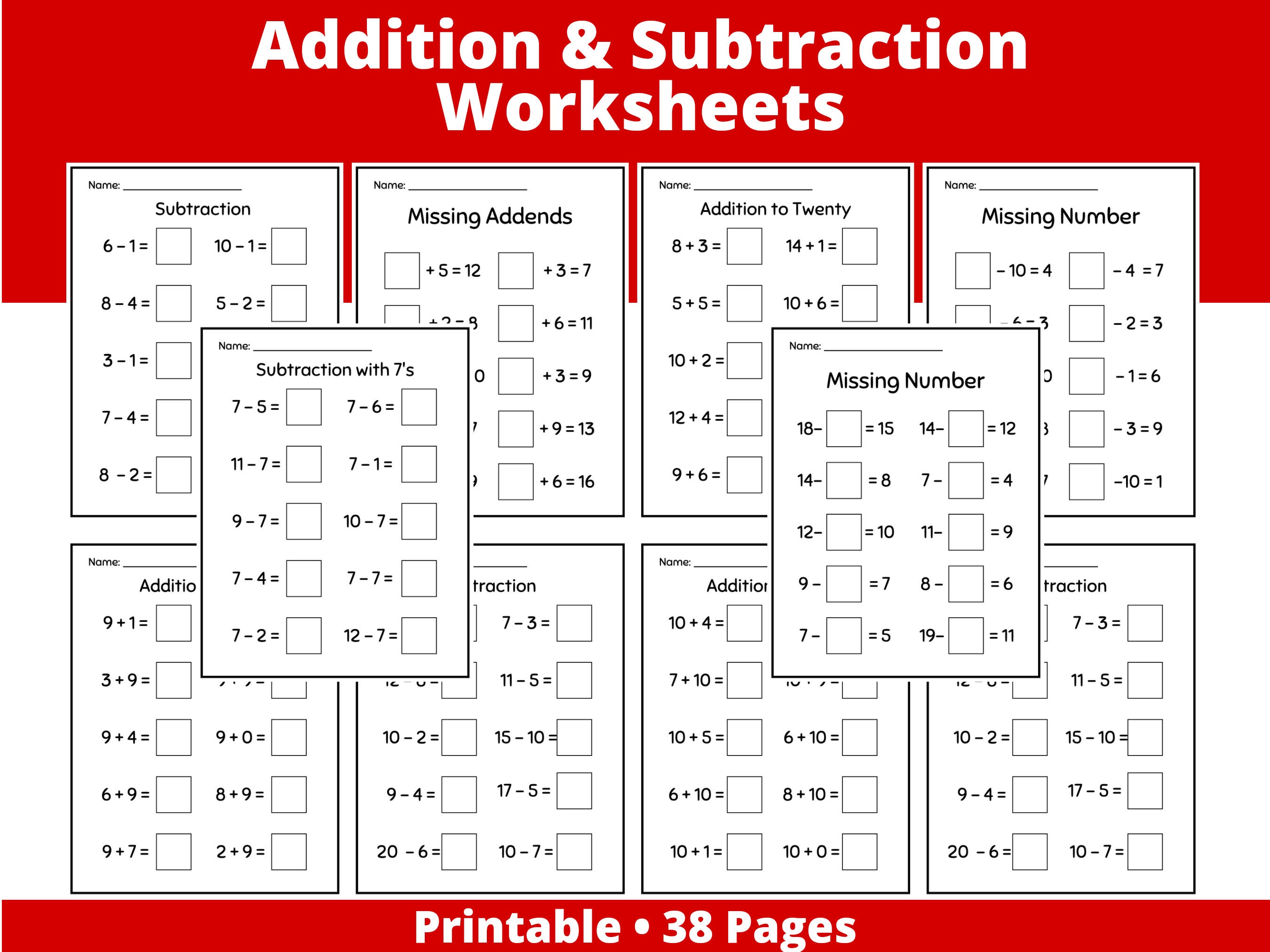 Math Worksheets - Printable - Instant Download - Addition - Subtraction ...
