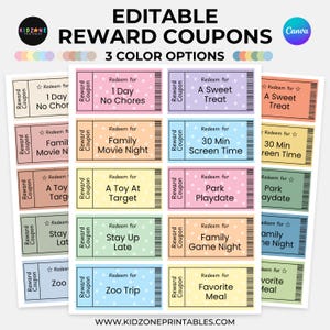 Puede incluir: Una hoja de cupones de recompensa coloridos con textos como "1 día sin tareas" y "Noche de cine familiar". Los cupones son de varios colores pastel, incluyendo rosa, azul y amarillo, y están etiquetados como "Cupón de recompensa".
