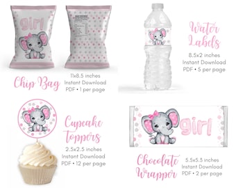 Elephant baby shower - Package - Instant download - Printable - Chip bag - Water labels - Cupcake toppers - Chocolate wrapper