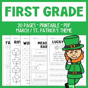 Puede incluir: Una hoja de trabajo imprimible para primer grado con el tema del Día de San Patricio. Las páginas verdes y blancas incluyen ejercicios de matemáticas, lectura y escritura. Un dibujo de un duende en un atuendo verde aparece a la derecha.