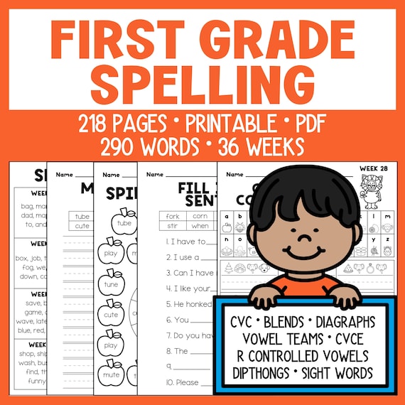 First Grade Worksheets - Spelling - Printable - Homeschool - Teacher - Cvc - Cvce - Diagraphs  - Blends - Sight Words - Instant Download