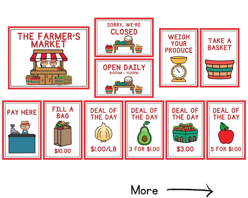 May include: A colorful illustration of a farmer's market with signs for various produce and items. The signs include "The Farmer's Market", "Open Daily 8:00AM - 4:00PM", "Weigh Your Produce", "Take a Basket", "Pay Here", "Fill a Bag $10.00", "Deal of the Day $1.00/LB", "Deal of the Day 3 for $1.00", "Deal of the Day $3.00", and "Deal of the Day 5 for $1.00".