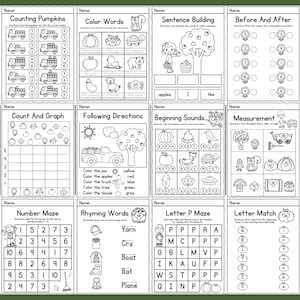 May include: Black and white printable worksheets for kids featuring fall-themed activities like counting pumpkins, color words, sentence building, before and after, count and graph, following directions, beginning sounds, measurement, number maze, rhyming words, letter P maze, and letter match.