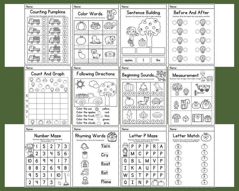 May include: Black and white printable worksheets for kids featuring fall-themed activities like counting pumpkins, color words, sentence building, before and after, count and graph, following directions, beginning sounds, measurement, number maze, rhyming words, letter P maze, and letter match.
