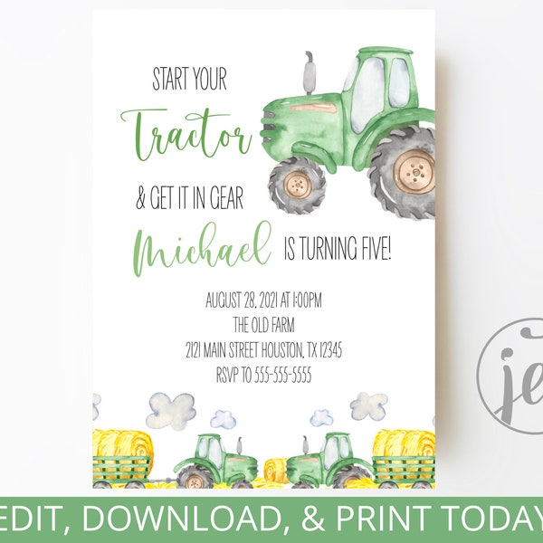 Editable invitation - Tractor - Printable - Instant download - Birthday invite - Invitation template