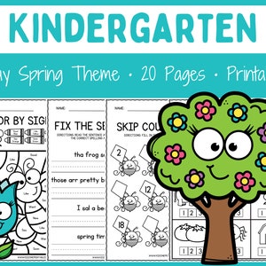 May include: A set of printable worksheets for kindergarten students featuring a spring theme. The worksheets include activities such as color by sight words, sentence writing, and skip counting. The worksheets feature a cartoon flower, a frog, a bee, and a tree with flowers.