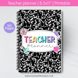 May include: A spiral-bound teacher planner with a black and white composition notebook design. The cover features the words "Teacher Planner" in colorful letters, along with illustrations of a bow, scissors, pencil, and apple. The planner is 8.5x11 inches and has 165 pages.