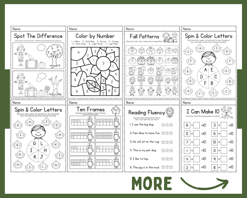 May include: Black and white printable worksheets for kids featuring fall-themed activities like spot the difference, color by number, fall patterns, spin and color letters, ten frames, reading fluency, and I can make 10.