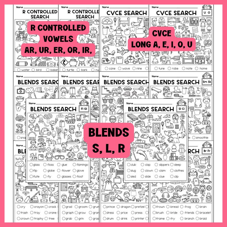 May include: A collection of black and white educational worksheets for children. The worksheets cover topics like R-controlled vowels, CVCE words, and blends. Each worksheet has a title and a section for the student's name.