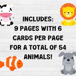 Op de afbeelding: Een kleurrijke illustratie van een koe, een leeuw, een vis en een hond met de tekst "INCLUDES: 9 PAGES WITH 6 CARDS PER PAGE FOR A TOTAL OF 54 ANIMALS!"