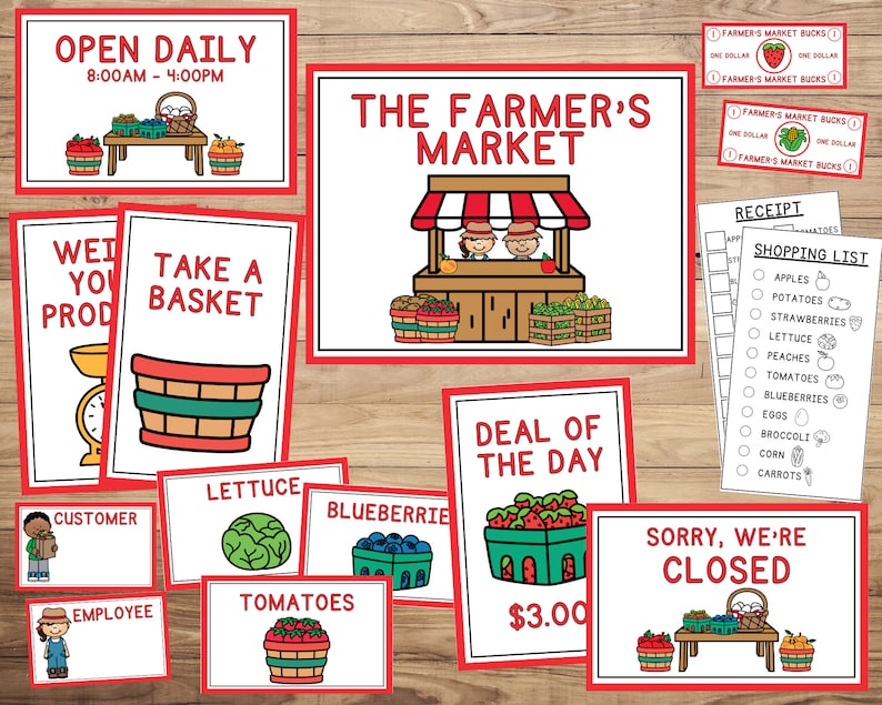 May include: A colorful printable set of signs for a pretend farmer's market. The signs include "Open Daily 8:00 AM - 4:00 PM", "Take a Basket", "Wet Your Produce", "Customer", "Employee", "Lettuce", "Tomatoes", "Blueberries", "Deal of the Day $3.00", "Sorry, We're Closed", and a receipt and shopping list.