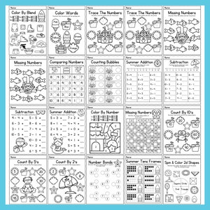 May include: A set of 16 printable summer-themed worksheets for kids. The worksheets feature a variety of activities, including coloring, tracing numbers, counting, addition, subtraction, and number bonds. The worksheets are designed to help kids learn basic math skills while having fun.