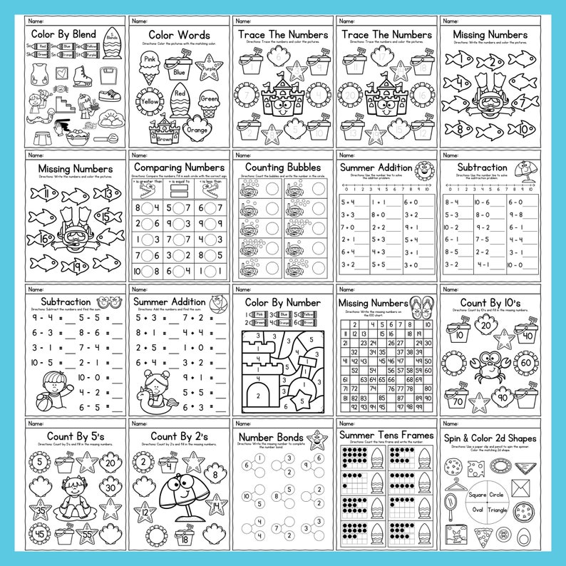 May include: A set of 16 printable summer-themed worksheets for kids. The worksheets feature a variety of activities, including coloring, tracing numbers, counting, addition, subtraction, and number bonds. The worksheets are designed to help kids learn basic math skills while having fun.