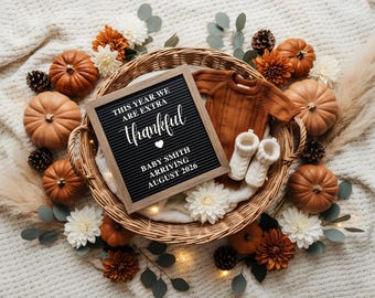 Thankful Pregnancy Announcement Template - Baby Reveal - Editable Canva Template - Neutral - Digital Download - Thanksgiving