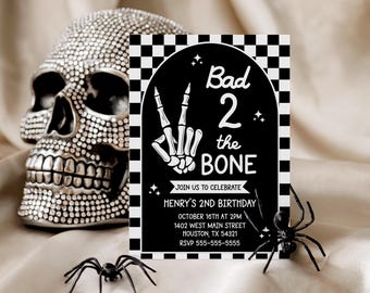 Bad 2 the bone invitation - Halloween - Editable - Canva Template - Printable - Second Birthday