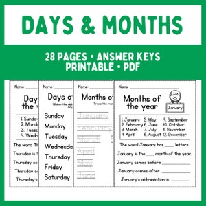 Printable Worksheets - Months - Days of the Week - Kindergarten - Homeschool - Instant download