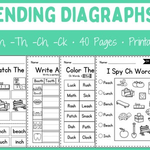 Printable Worksheets - Ending Diagraphs - First Grade - Kindergarten - Homeschool - Instant download