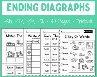 Printable Worksheets - Ending Diagraphs - First Grade - Kindergarten - Homeschool - Instant download
