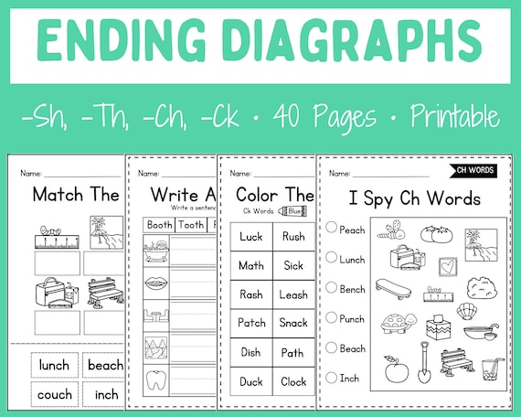 Printable Worksheets - Ending Diagraphs - First Grade - Kindergarten - Homeschool - Instant download