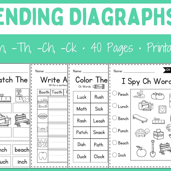 Printable Worksheets - Ending Diagraphs - First Grade - Kindergarten - Homeschool - Instant download