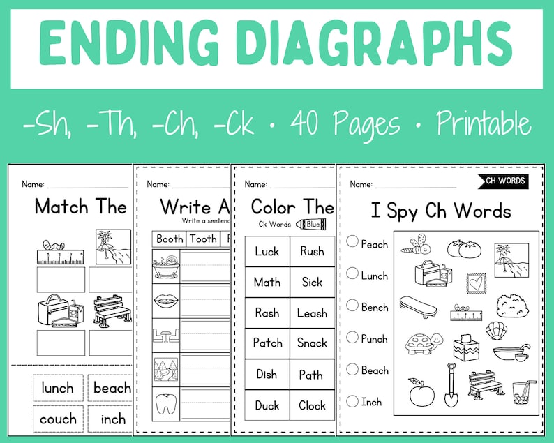 May include: Black and white printable worksheets for kids to practice spelling words ending in -sh, -th, -ch, and -ck. The worksheets include activities like matching pictures to words, writing sentences, coloring words, and finding hidden words.