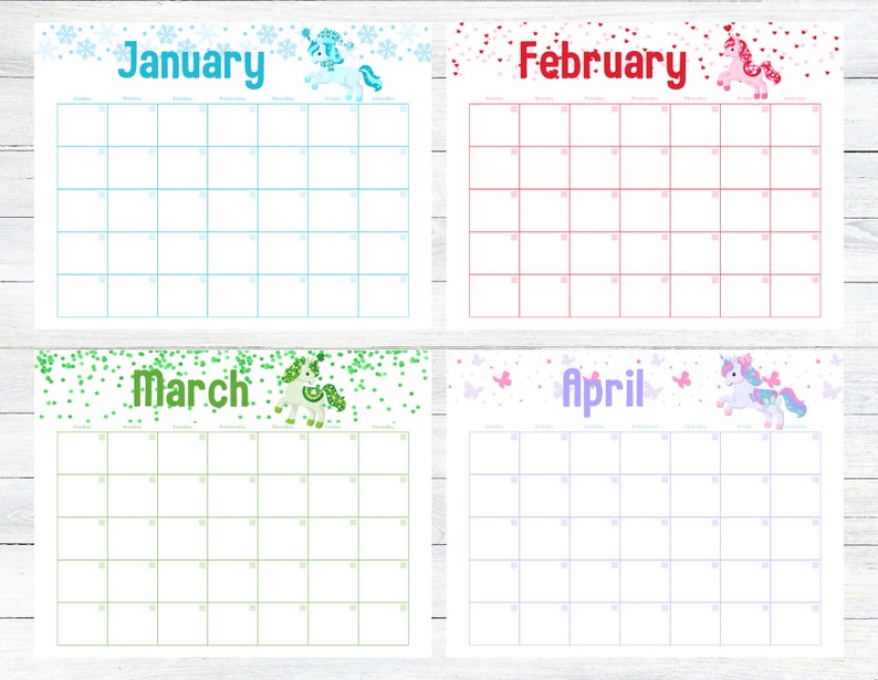 Kids Calendars Printable Instant Download Unicorns | Etsy