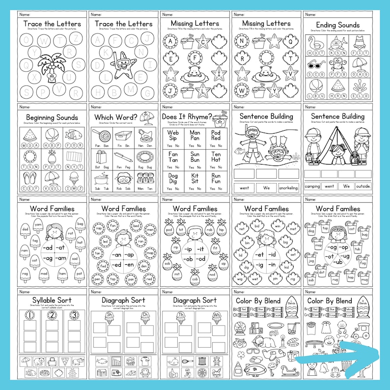 May include: Black and white printable worksheets for kids featuring summer themes like swimming, camping, and the beach. The worksheets include activities like tracing letters, missing letters, beginning sounds, word families, syllable sort, and diagraph sort.
