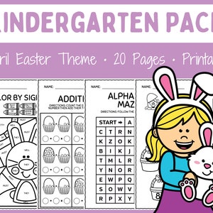 May include: Black and white printable worksheets for kindergarten students featuring an Easter theme. The worksheets include activities such as color by number, addition, and an alphabet maze.
