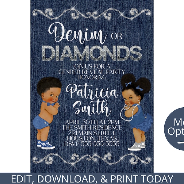 Gender reveal invitation - Editable - Denim or Diamonds - Printable