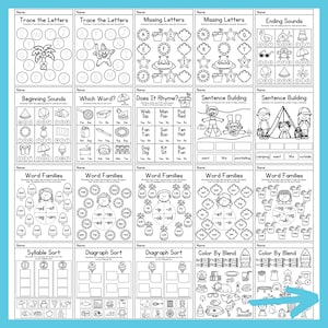 May include: Black and white printable worksheets for kids featuring summer themes like swimming, camping, and the beach. The worksheets include activities like tracing letters, missing letters, beginning sounds, word families, syllable sort, and diagraph sort.