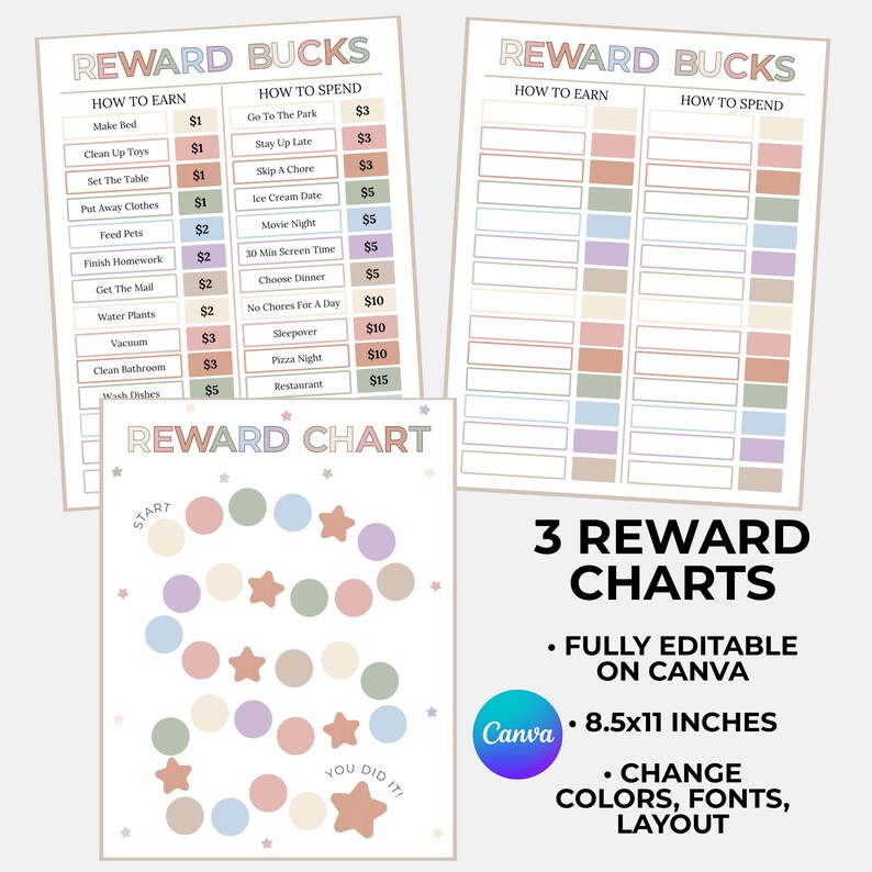 Editable Kids Reward Bucks and Chart - Printable - Reward Bucks - Chore ...