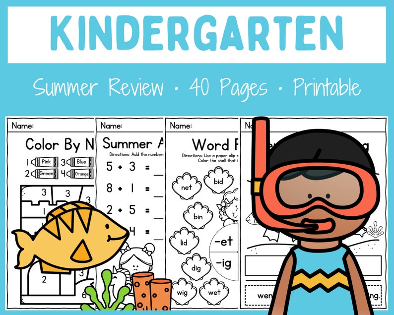 May include: Black and white printable worksheets for kindergarten summer review. The worksheets include activities like color by number, adding numbers, and word families. The worksheets feature a cartoon of a child wearing a snorkel and swimming goggles.