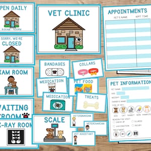 Op de afbeelding: Een set printbare borden voor een dierenkliniek, inclusief borden voor de onderzoeksruimte, de wachtkamer, de röntgenkamer en een bord met de tekst "Dagelijks geopend". Er zijn ook borden voor verbanden, halsbanden, medicijnen, dierenvoer, traktaties en een weegschaal. De borden zijn allemaal in een blauw-wit kleurenschema.