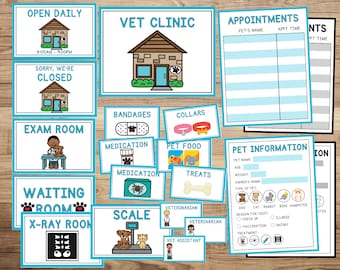 May include: A set of printable signs for a veterinary clinic, including signs for the exam room, waiting room, x-ray room, and a sign that says "Open Daily". There are also signs for bandages, collars, medication, pet food, treats, and a scale. The signs are all in a blue and white color scheme.