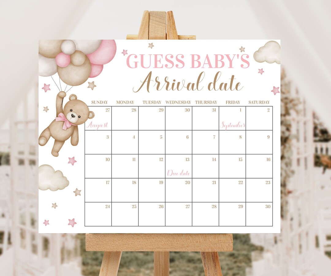 Arrival Date Calendar - Editable - Bear Baby Shower - It's a Girl ...