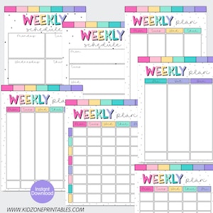 Op de afbeelding: Een verzameling afdrukbare wekelijkse plannerpagina's met een kleurrijk pastelontwerp. Elke pagina bevat de woorden "WEEKLY schedule" of "WEEKLY plan" in een speels lettertype. De pagina's bevatten ruimtes voor dagelijkse planning.