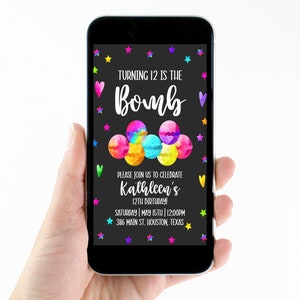 May include: A digital invitation on a black background with colorful stars and hearts. The text reads "Turning 12 is the Bomb" with a colorful illustration of a group of macarons. The invitation is for Kathleen's 12th birthday party on Saturday, May 15th at 12:00 PM at 3116 Main St. Houston, Texas.