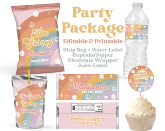 Groovy birthday party - Package - Bundle - Editable - Printable - Any Age - Chip Bag - Water Label- Chocolate wrapper - Juice Label