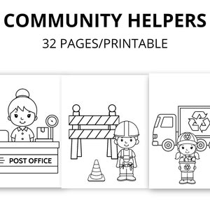 May include: Black and white line art coloring pages featuring community helpers.  The pages include a postal worker at the post office, a construction worker with a barrier, and a recycling truck driver with a recycling truck.