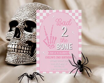 Bad two the bone invitation - Halloween - Editable - Canva Template - Printable - Pink - 2nd Birthday