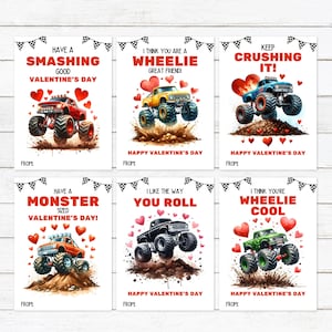May include: Six printable Valentine's Day cards featuring monster trucks with different sayings. The cards are white with red and black accents. The sayings include "Have a Smashing Good Valentine's Day", "I Think You Are a Wheelie Great Friend", "Keep Crushing It", "Have a Monster Sized Valentine's Day", "I Like the Way You Roll", and "I Think You're Wheelie Cool".