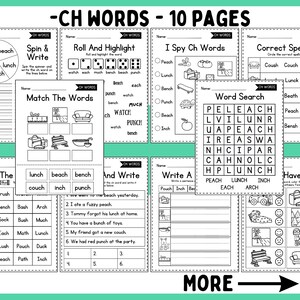 May include: Black and white printable worksheets for teaching children about words that contain the letter combination 'ch'. The worksheets include activities such as matching words, word searches, and coloring.