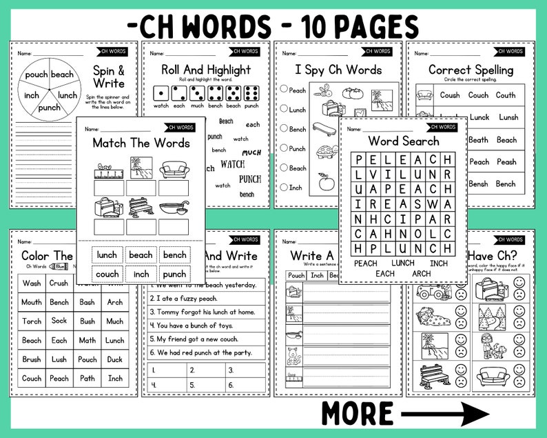 May include: Black and white printable worksheets for teaching children about words that contain the letter combination 'ch'. The worksheets include activities such as matching words, word searches, and coloring.