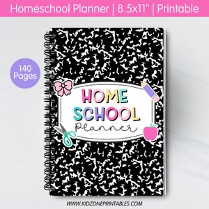 May include: Homeschool planner with a black and white speckled cover and spiral binding. The cover features the text "HOME SCHOOL PLANNER" in colorful letters, along with illustrations of a bow, scissors, pencil, and apple. The planner is 8.5x11 inches and has 140 pages.