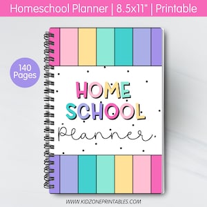 May include: Homeschool planner with a spiral binding. The cover features a colourful rainbow design with the words "HOME SCHOOL Planner" in a playful font. The planner is 21.6 x 27.9 cm and has 140 pages.