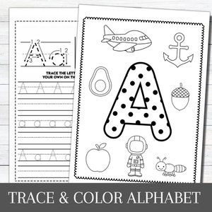 May include: Black and white printable worksheet featuring the letter A with dotted lines for tracing. The worksheet includes images of an airplane, avocado, acorn, astronaut, and an ant. The text "TRACE THE LETTER A" is at the top of the worksheet.