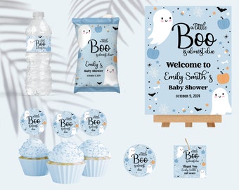 Little boo is almost due - Halloween Baby Shower - Printable - Decorations - Blue - Editable - It&#39;s a Boy - Favors - Package