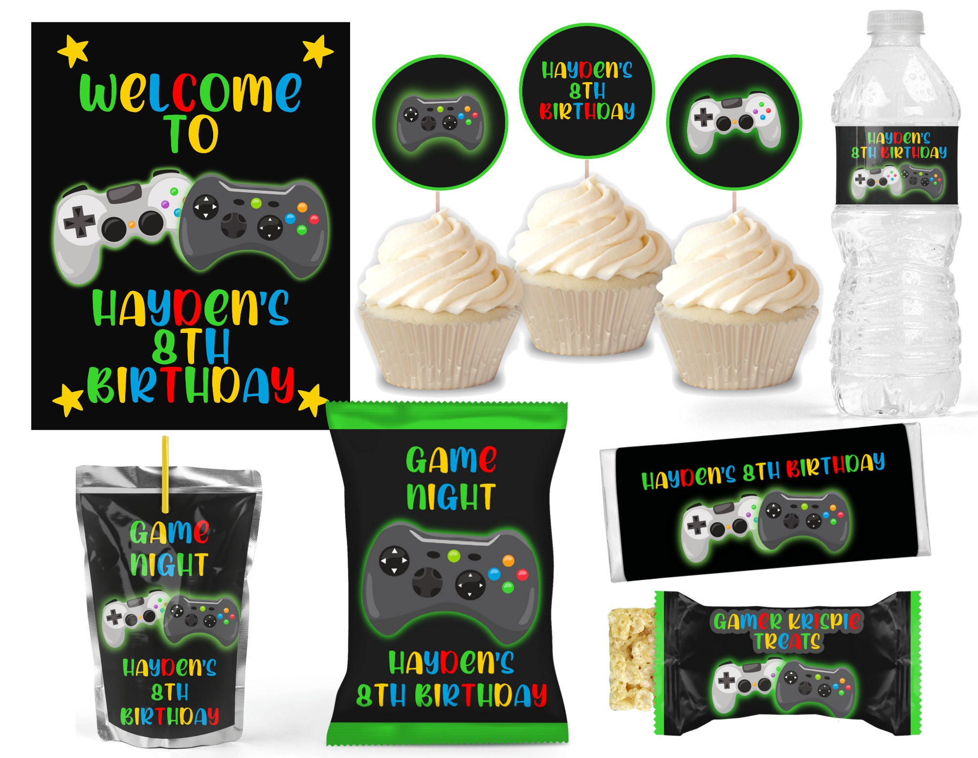 Gamer Birthday Package Editable Printable Chip bag Candy wrapper Juice label Water label Welcome sign Cupcake topper