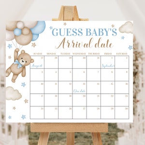 Calendrier date d'arrivée - modifiable - baby shower ours - c'est un garçon - imprimable - 16 x 20 - 8 x 10 - signe baby shower - calendrier date d'échéance
